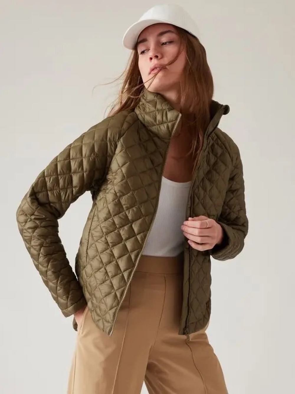Athleta Whisper Featherless Quilted Jacket in Olive